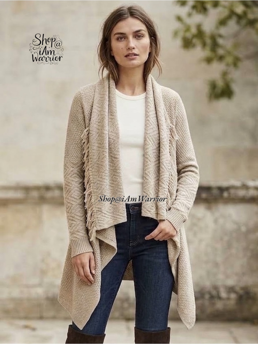 Lucky Brand Textural Oatmeal Fringe Waterfall Mixed Knit Cardigan